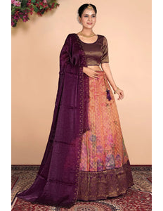 Peach Tissue Silk Pattu Lehenga With Digital Print