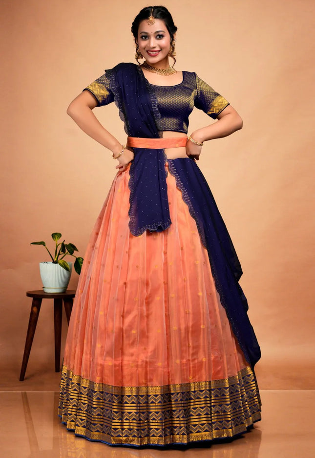 Peach Tissue Silk Semi-Stitched Lehenga Choli For Women