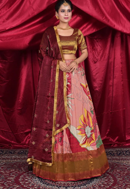 Peach Viscose Digital Lehenga Choli with Dupatta For Women