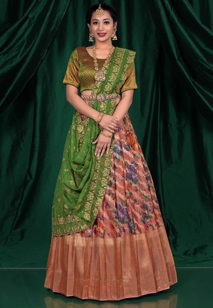 Peach Viscose Silk Digital Print Half Saree For Women