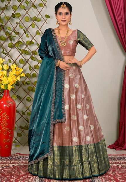 Peach Zari Silk Lehenga Choli With Dupatta For Women