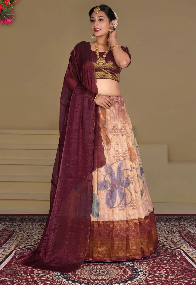 Peach Zari Tissue Silk Digital Print Lehenga Choli With Dupatta