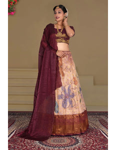 Peach Zari Tissue Silk Digital Print Lehenga Choli With Dupatta