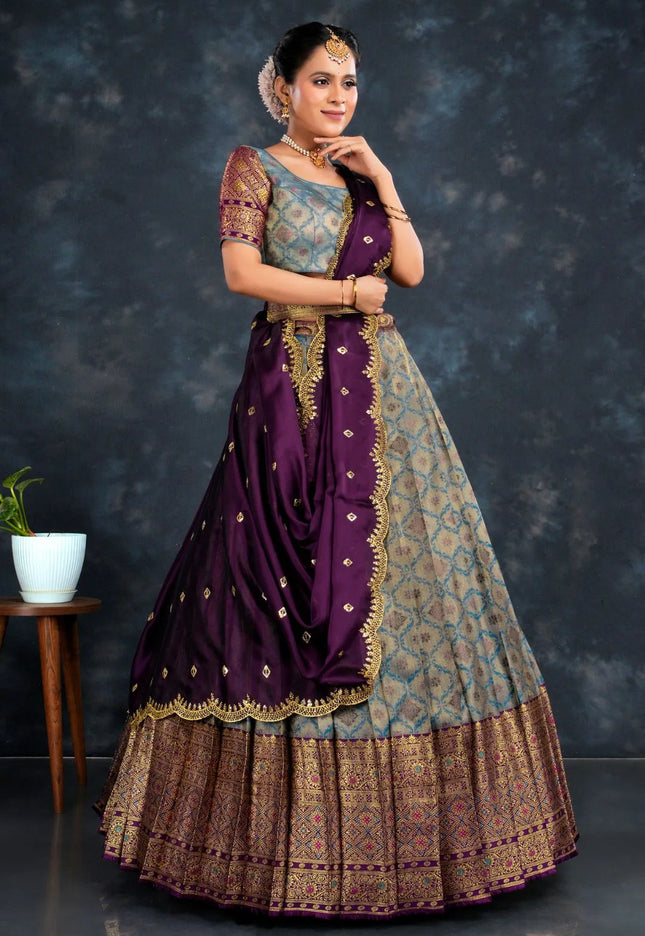 Peacock Banarasi Silk Half Saree With Dupatta For Women