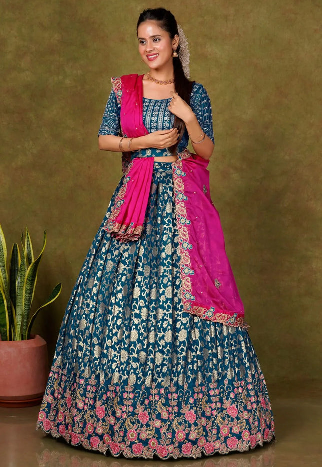 Peacock Banarasi Silk Pattu Half Saree With Zari Work