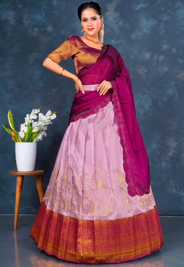 Pink Banarasi Half Saree with Embroidery For Women