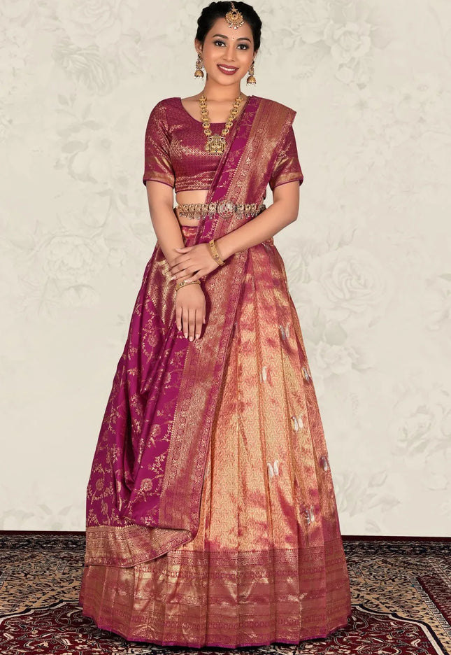 Pink Banarasi Jacquard Silk Zari Work Lehenga Choli For Women