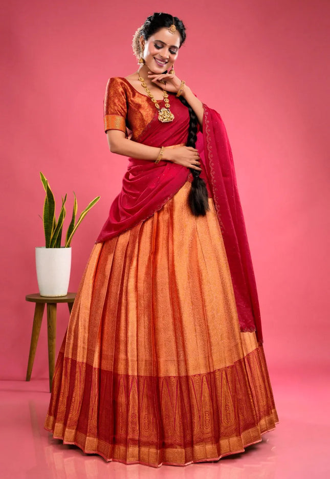 Pink Banarasi Silk Half Saree With Zari Weaving