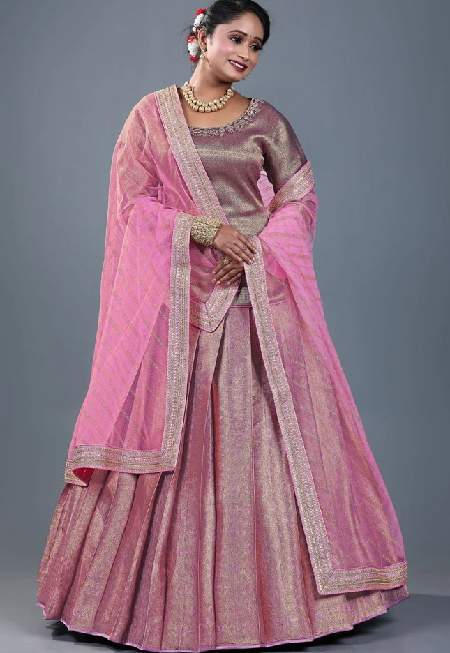 Pink Banarasi Silk Lehenga Choli For Women With Net Dupatta