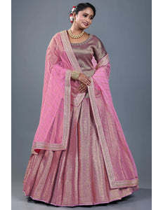 Pink Banarasi Silk Lehenga Choli For Women With Net Dupatta