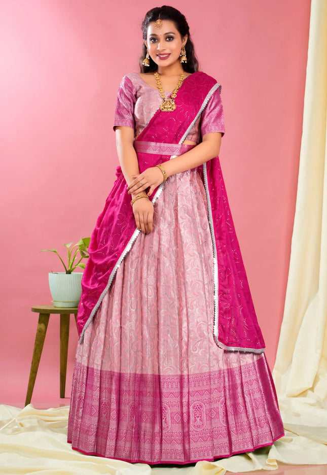 Pink Banarasi Silk Pattu Half Saree With Zari Work