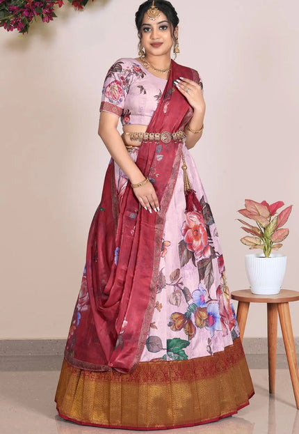 Pink Banglori Slub Digital Print Lehenga Choli With Dupatta