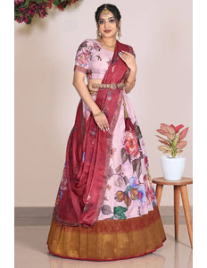 Pink Banglori Slub Digital Print Lehenga Choli With Dupatta