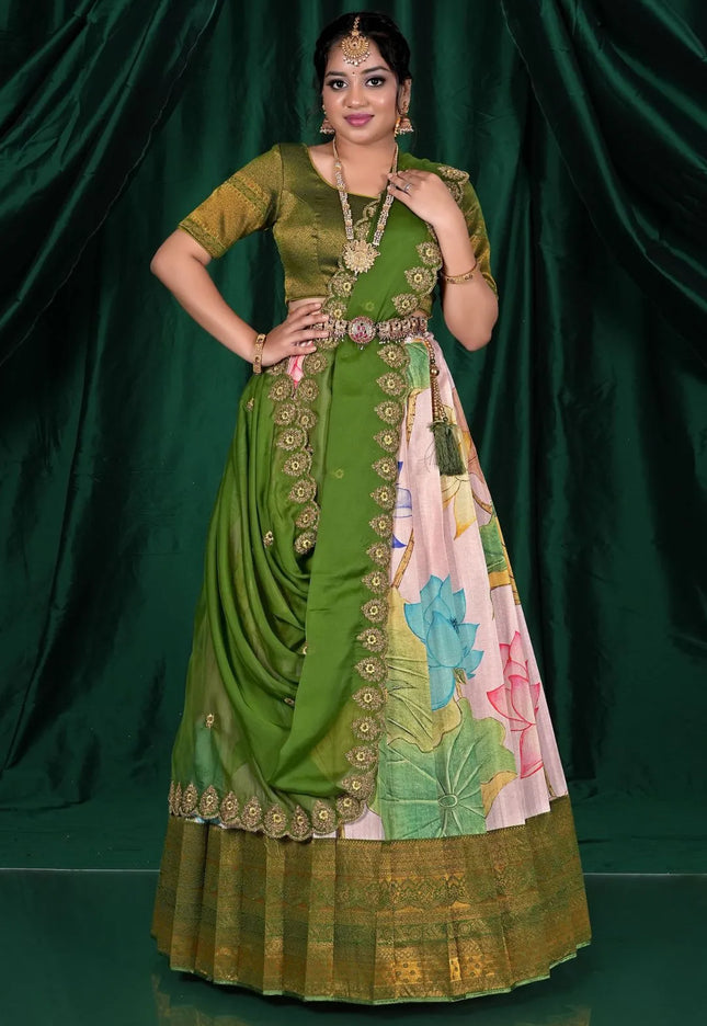 Pink Banglori Slub Pattu Half Saree With Digital Print