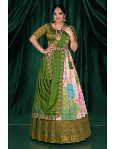 Pink Banglori Slub Pattu Half Saree With Digital Print