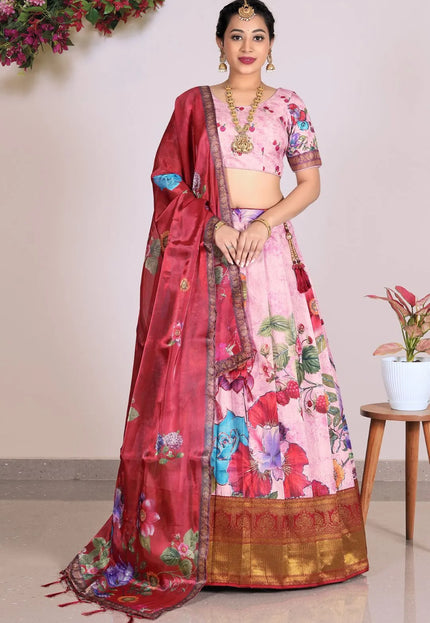 Pink Banglori Slub Digital Print Lehenga Choli With Dupatta
