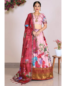 Pink Banglori Slub Digital Print Lehenga Choli With Dupatta