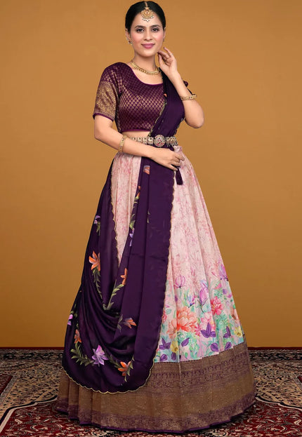 Pink Banglori Slub Digital Print Lehenga Choli With Dupatta