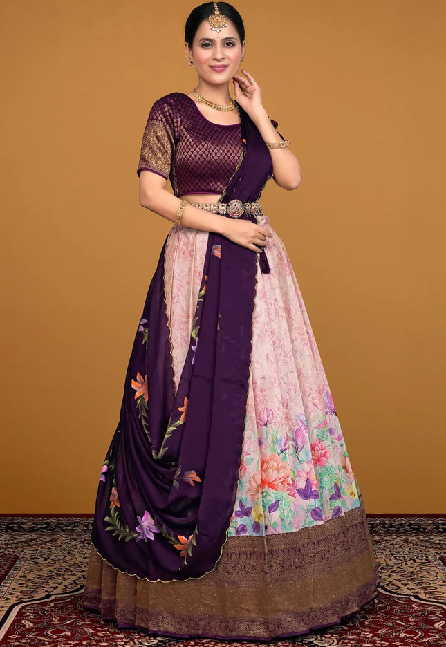 Pink Banglori Slub Digital Print Lehenga Choli With Dupatta