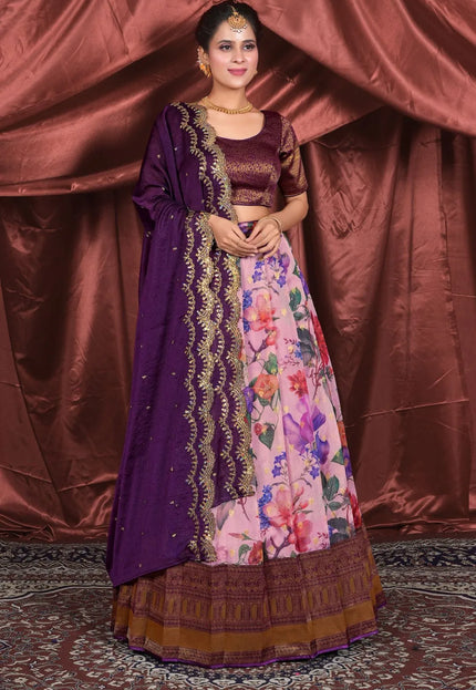 Pink Banglori Slub Digital Print Pattu Pavadai For Women