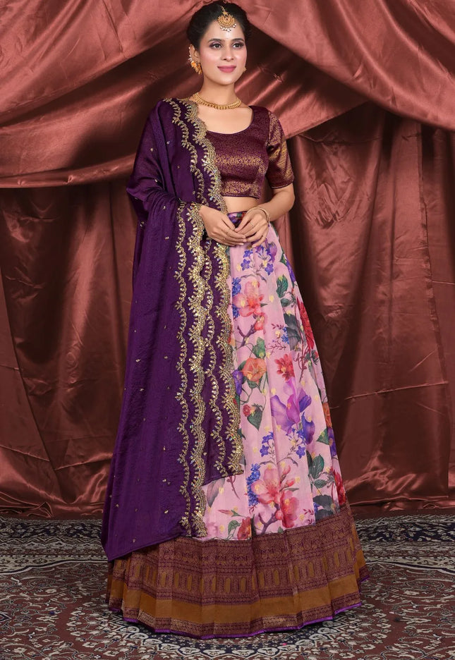 Pink Banglori Slub Digital Print Pattu Pavadai For Women