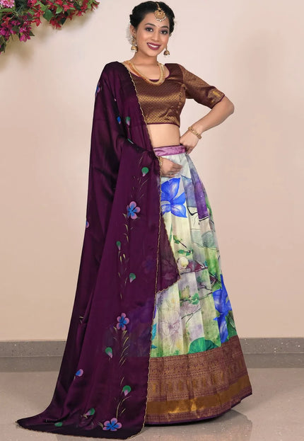 Pink Banglori Slub Digital Printed Lehenga Choli With Dupatta