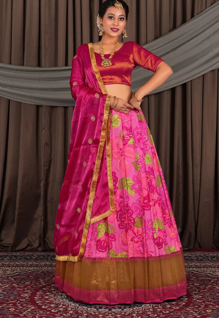 Pink Banglori Slub Lehenga Choli with Rangoli Dupatta