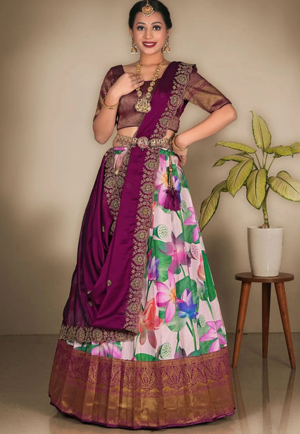 Pink Banglori Slub Pattu Half Saree With Digital Print