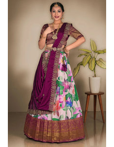 Pink Banglori Slub Pattu Half Saree With Digital Print
