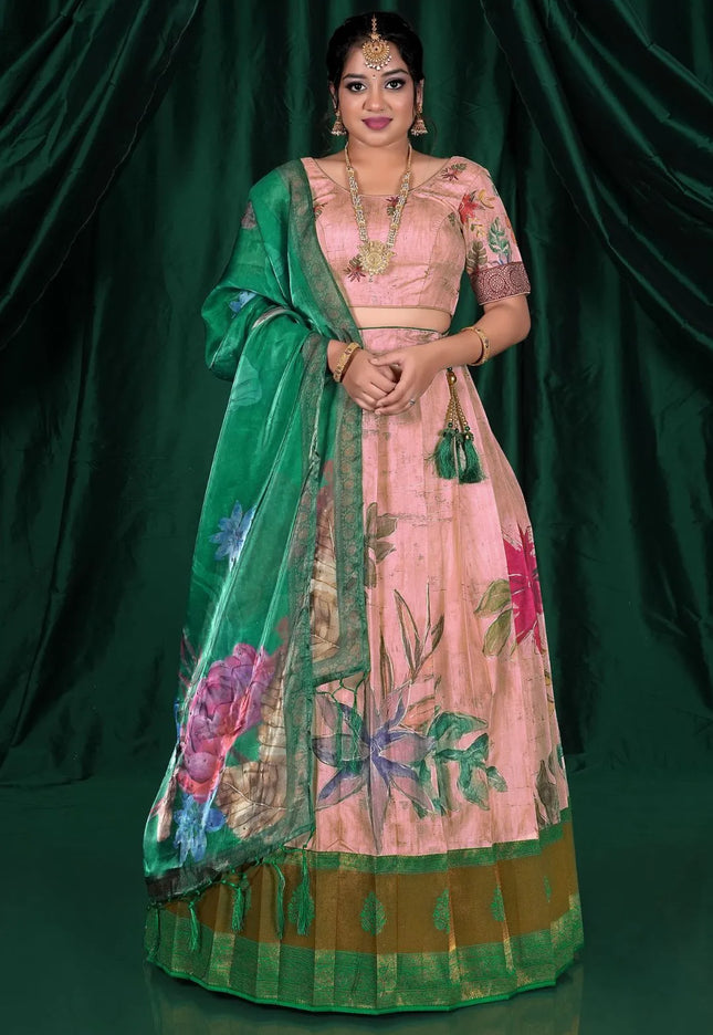 Pink Banglori Slub Pattu Half Saree With Digital Print