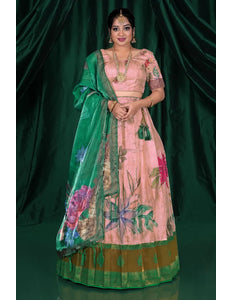Pink Banglori Slub Pattu Half Saree With Digital Print