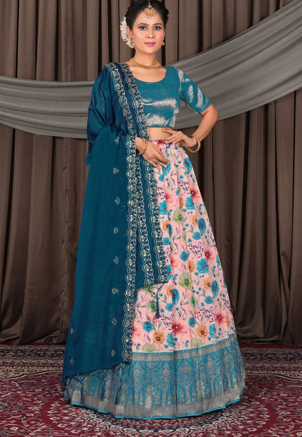 Pink Banglori Slub Semi-Stitched Lehenga For Women