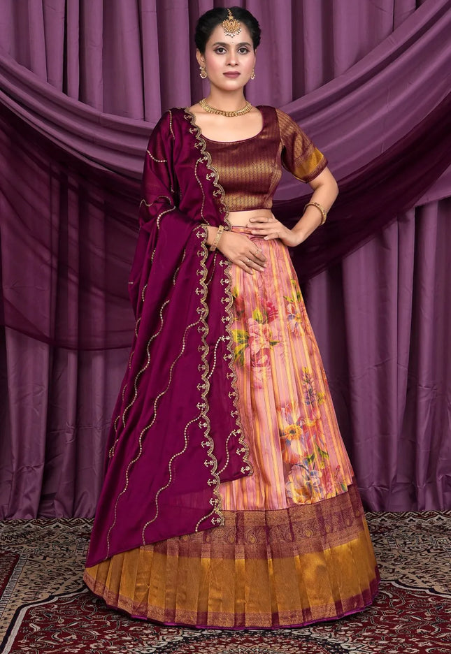 Pink Banglori Slub With Digital Print Lehenga Choli For Women
