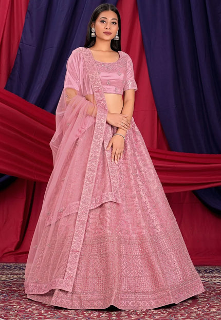 Pink Designer Embroidered Net Lehenga Choli For Women