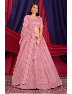 Pink Designer Embroidered Net Lehenga Choli For Women