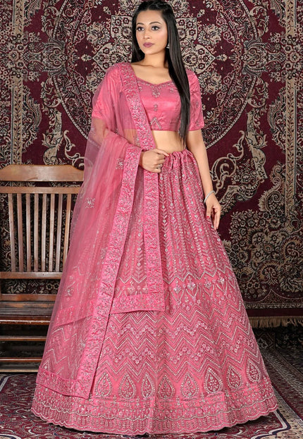 Pink Designer Embroidered Net Lehenga Choli For Women