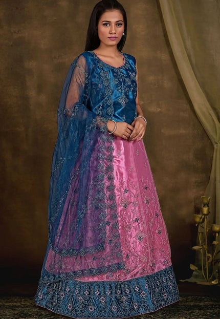 Pink Embroidered Net Kids Readymade Lehenga Choli