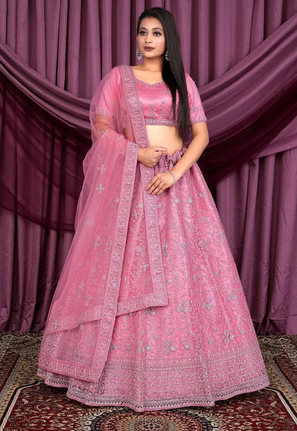 Pink Embroidered Net Lehenga Choli For Women