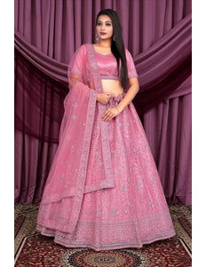 Pink Embroidered Net Lehenga Choli For Women