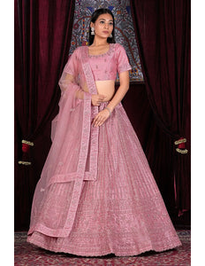 Pink Embroidered Semi-Stitch Net Lehenga Choli For Women