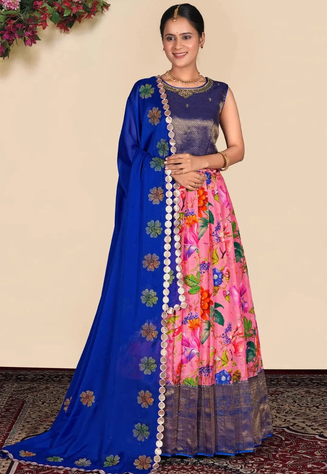 Pink Floral Printed Lehenga Choli Set with Designer Festive Dupatta