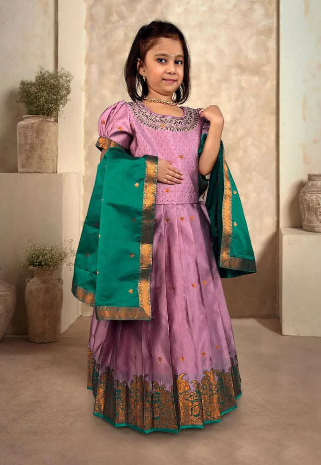 Pink Girls U-Neck Embellished Pattu Pavadai Kids Flared Skirt Dress