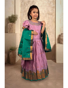 Pink Girls U-Neck Embellished Pattu Pavadai Kids Flared Skirt Dress