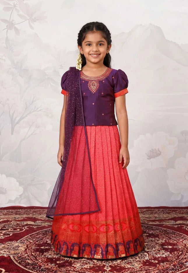 Pink Heavy Border Woven Lehenga Choli with Net Dupatta Kids Festive Wear