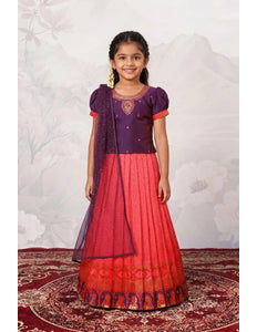Pink Heavy Border Woven Lehenga Choli with Net Dupatta Kids Festive Wear