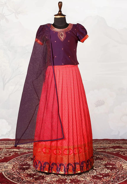 Pink Heavy Border Woven Lehenga Choli with Net Dupatta Kids Festive Wear