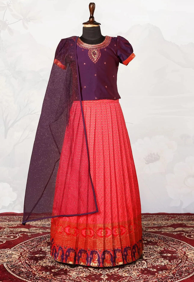 Pink Heavy Border Woven Lehenga Choli with Net Dupatta Kids Festive Wear