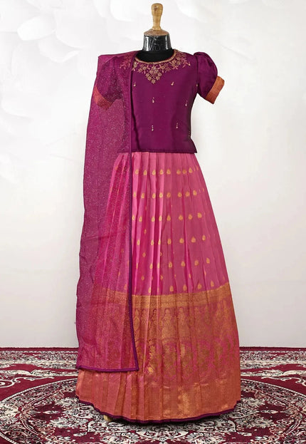 Pink Kids Contrast-Trim Langa Voni Girls Ornate Motif Pattu Pavadai