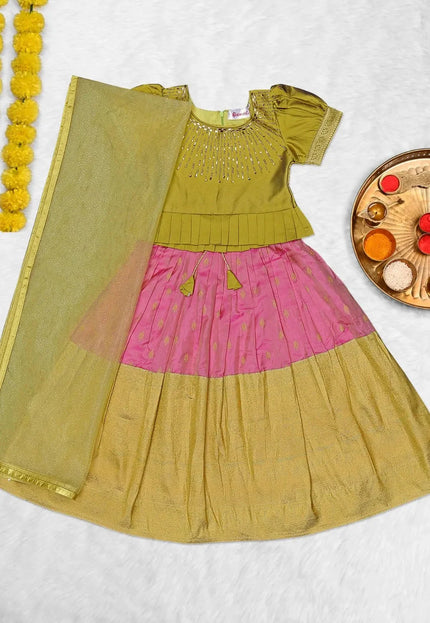 Pink Kids Linear-Embellished Langa Voni Girls Wide-Border Lehenga