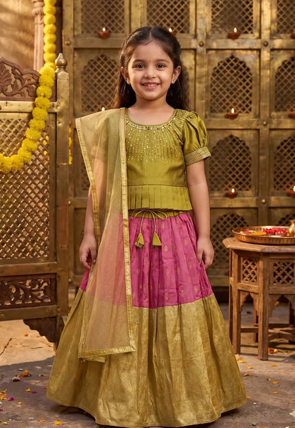 Pink Kids Linear-Embellished Langa Voni Girls Wide-Border Lehenga